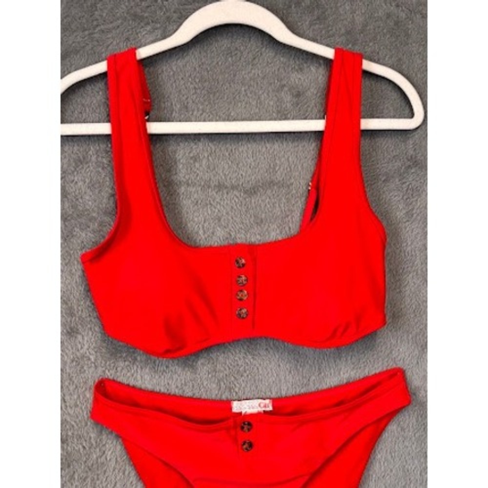 GB Red Button Front Bikini Set Scoop Neck Top‎ Large Bottoms Medium Swimsuit